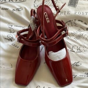 Cider Red Patent Leather Heels with Square Toe and Straps